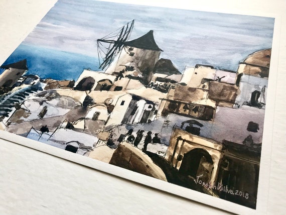 Anzai Minister gevechten Santorini dorp / Griekse aquarel schilderen / mediterrane - Etsy Nederland