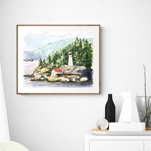 May include: Watercolor painting of a lighthouse on a rocky island with a red roofed house and green trees in the background. The lighthouse is white with a red roof and a black and white striped top.