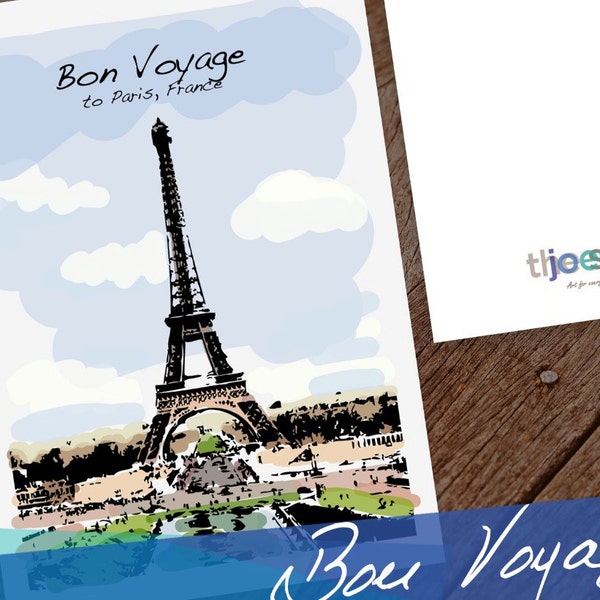 Paris Travel Greeting Card, Bon Voyage to Paris,  France 5x7 card blank inside with white envelope.