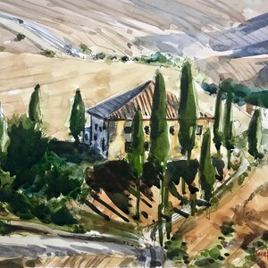 May include: Watercolor painting of a yellow house with a brown roof surrounded by tall green trees. The house is situated on a hill with a winding road leading up to it. The background is a light brown color with a hint of blue.