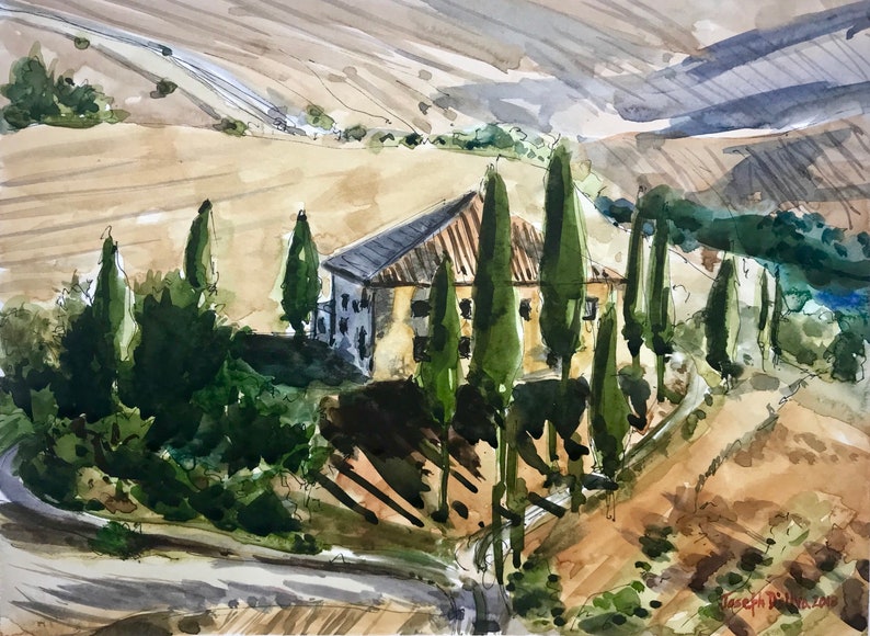 May include: Watercolor painting of a yellow house with a brown roof surrounded by tall green trees. The house is situated on a hill with a winding road leading up to it. The background is a light brown color with a hint of blue.