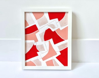 May include: Abstract painting with geometric shapes in red, pink, and white. The painting is framed in a white frame.