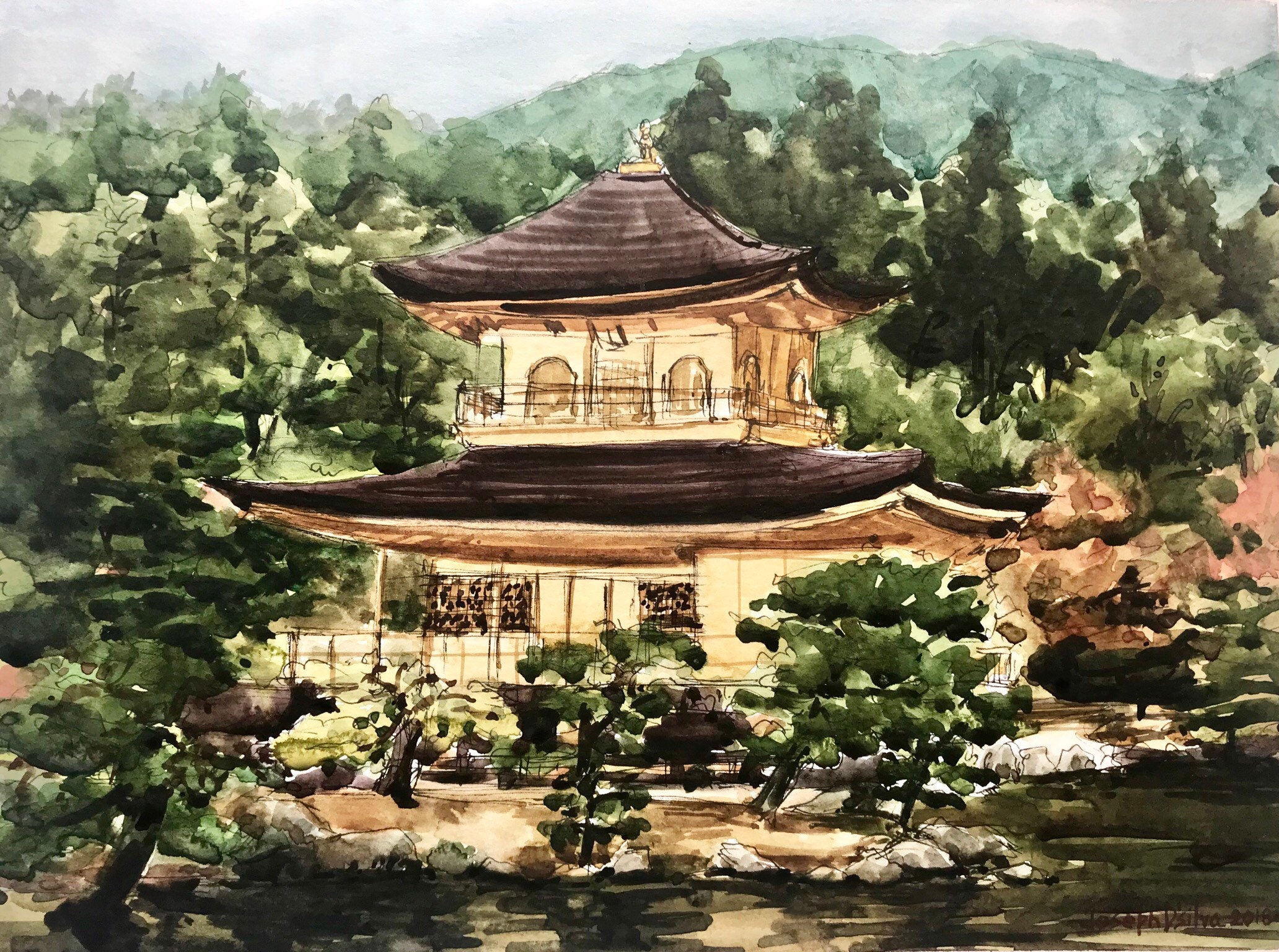 京都金閣寺 水彩画