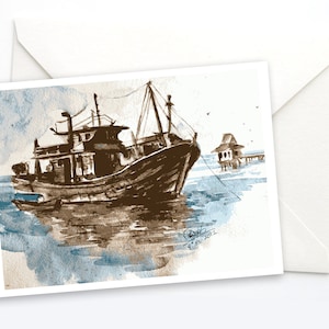 Carte bateau de pêche, Carte océan, Carte pour lettres de pêche, Carte côtière, Cadeau marin, Carte nautique avec enveloppe, Carte papier aquarelle, Carte unique