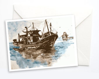 Fishing Boat Card, Ocean Card, Fishing Notecard, Coastal Card, Marine Gift, Nautical Card With Envelope, Paper Watercolor Card, Unique Card