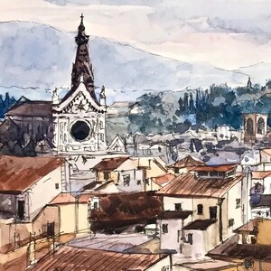 May include: Watercolor painting of a cityscape with a tall church building in the center. The church has a round window and a pointed roof. The buildings in the background are smaller and have red tile roofs. The sky is a light blue with some clouds.