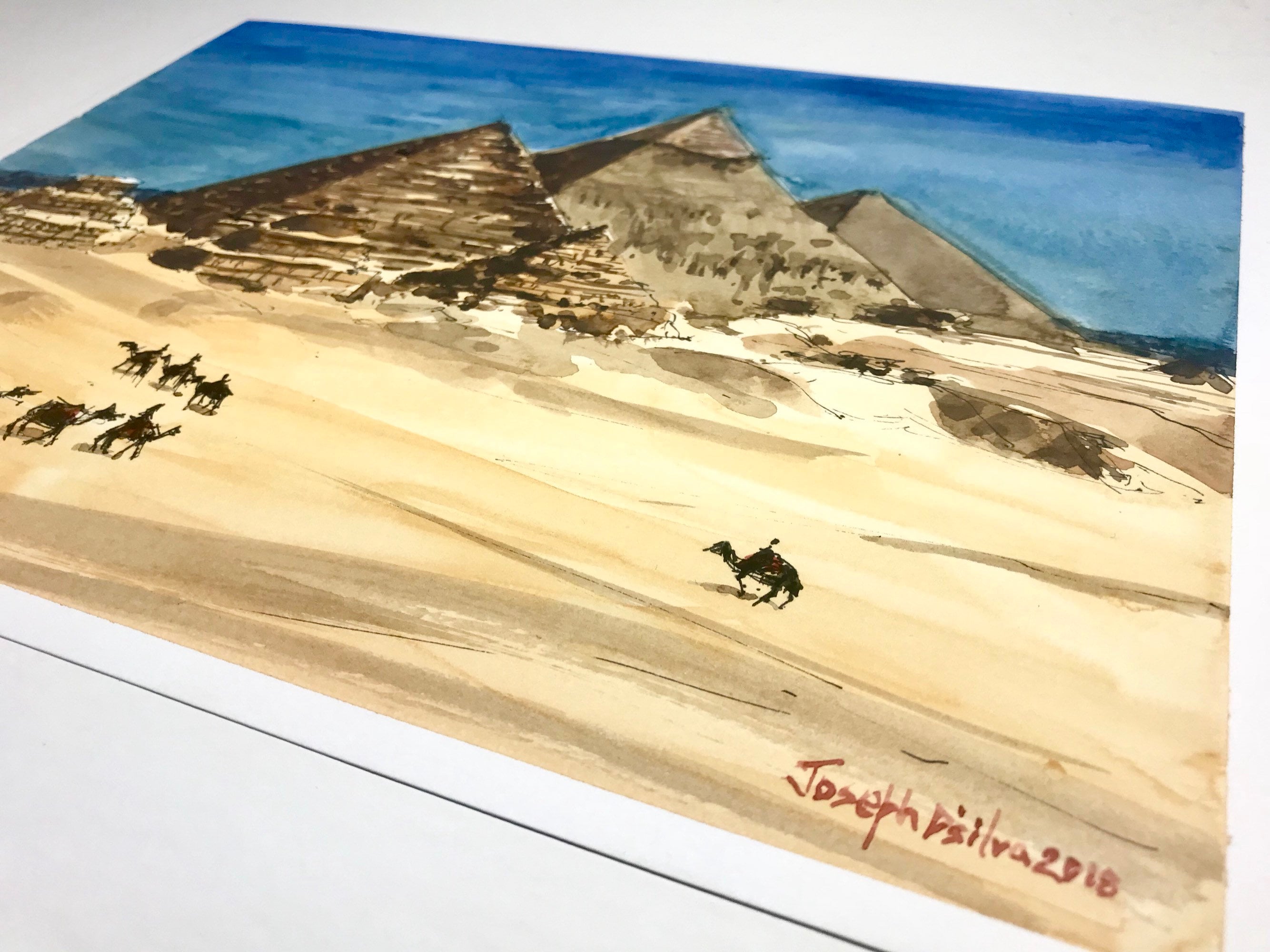 水彩画 エジプト ギザのピラミッド、エジプトの水彩画、砂漠の絵画