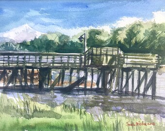 Fraser River Painting, Fishing Pier, Original Art, British Columbia Painting, Watercolor Art, Canadian Wall Decor, Watercolor Landscape