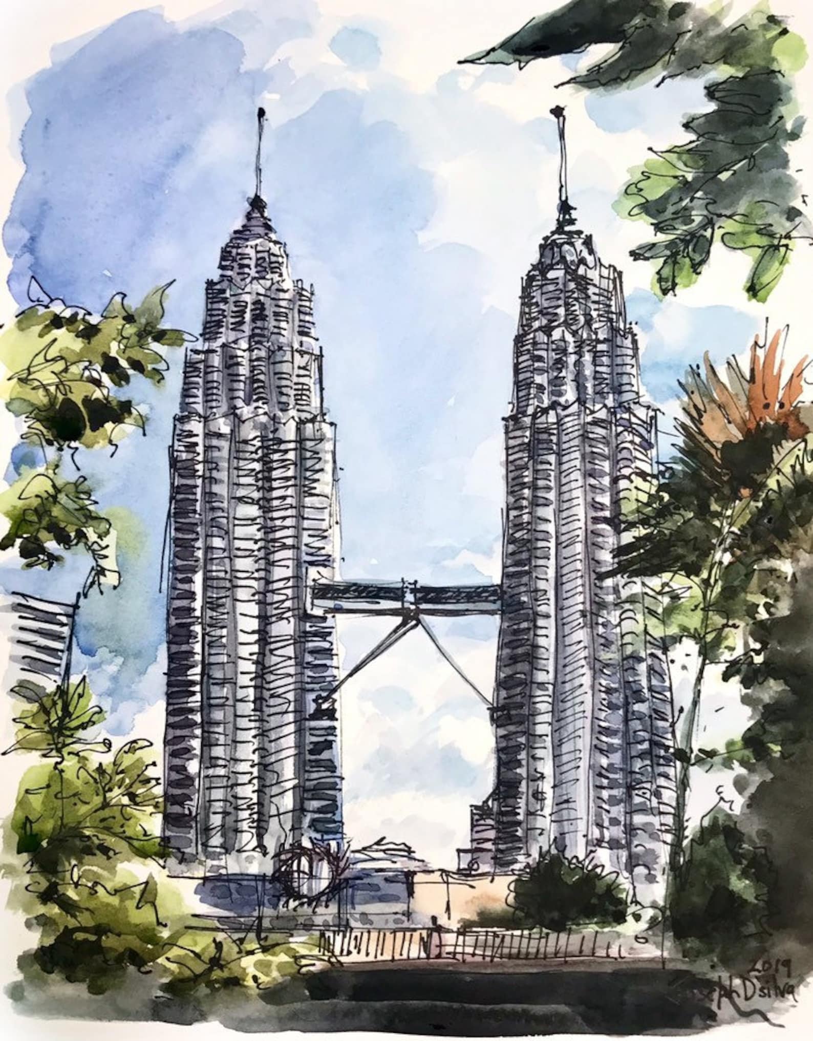 Kuala Lumpur Art / Patronas Twin Towers / Watercolor Painting Etsy