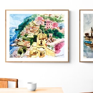 ポジターノ水彩画アートプリント、アマルフィ海岸プリント、イタリアアート、ポジターノ絵画、アマルフィ海岸ウォールアート、海の壁プリント、イタリア水彩画 画像 4