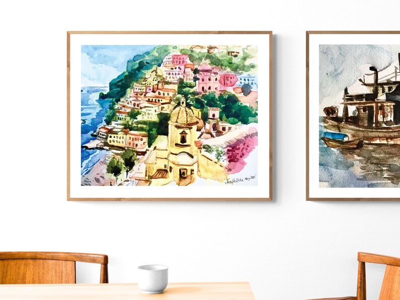 ポジターノ水彩画アートプリント、アマルフィ海岸プリント、イタリアアート、ポジターノ絵画、アマルフィ海岸ウォールアート、海の壁プリント、イタリア水彩画 画像 4