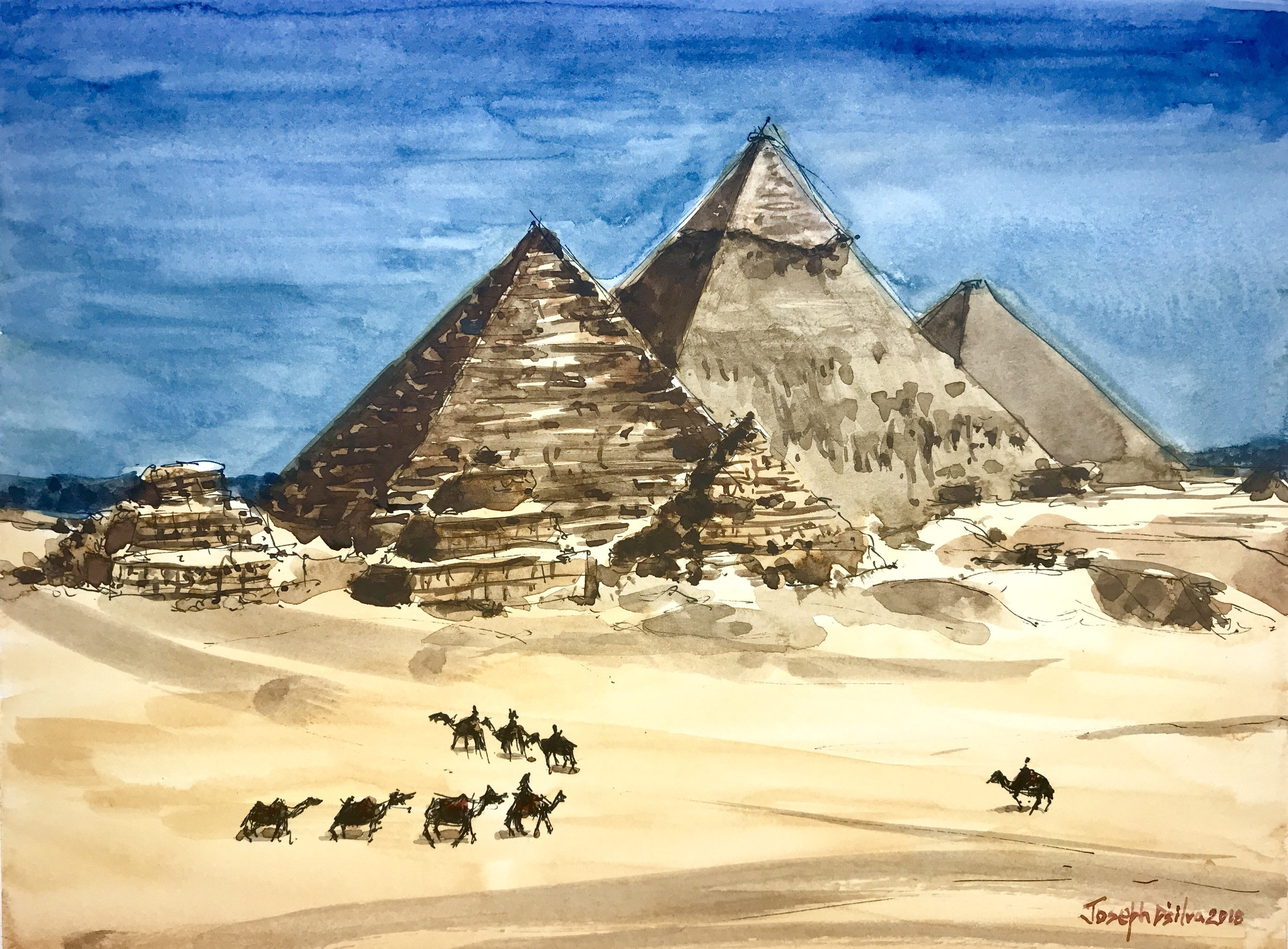 水彩画 エジプト ギザのピラミッド、エジプトの水彩画、砂漠の絵画