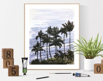 Impression d'art Hawaï, impression murale tropicale, impression d'art aquarelle, art de cocotiers, peinture Hawaï, décoration murale Hawaï, impression maison de plage, plage