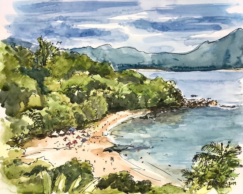 Plage tropicale, impression d'art aquarelle, paysage de bord de mer image 4