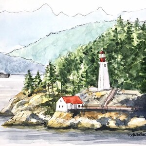 May include: Watercolor painting of a lighthouse on a rocky island with a small house and trees in the foreground. The lighthouse is white with a red roof and a red and white striped top. The house is white with a red roof. The trees are green and the water is blue. The mountains in the background are gray and blue.
