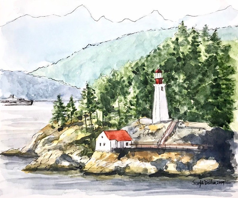 May include: Watercolor painting of a lighthouse on a rocky island with a small house and trees in the foreground. The lighthouse is white with a red roof and a red and white striped top. The house is white with a red roof. The trees are green and the water is blue. The mountains in the background are gray and blue.