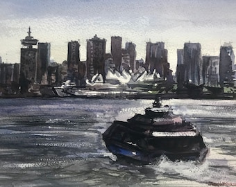 Vancouver Skyline Painting, Sea Bus Watercolor Painting, Canadian Wall Art, Vancouver Wall Art, City Art Painting, Original Artwork, Canada