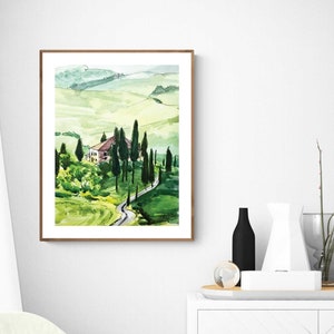 May include: A watercolor painting of a house in a green, rolling landscape with a winding road leading up to it. The house is surrounded by trees and the landscape is painted in shades of green and brown.