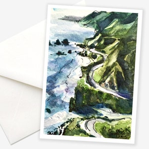 Carte côte californienne, carte de correspondance d'anniversaire, carte Big Sur, carte de voeux, carte côte ouest, carte océan Pacifique, carte beau paysage