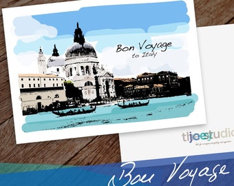 Puede incluir: Una postal con una ilustración colorida de la Basílica de San Marcos en Venecia, Italia. El texto "Bon Voyage a Italia" está escrito en cursiva negra en la postal.