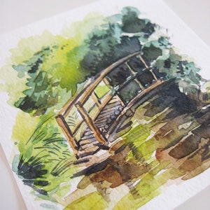 Garden Bridge Painting, Watercolor Painting Original, Nature Green Art ...