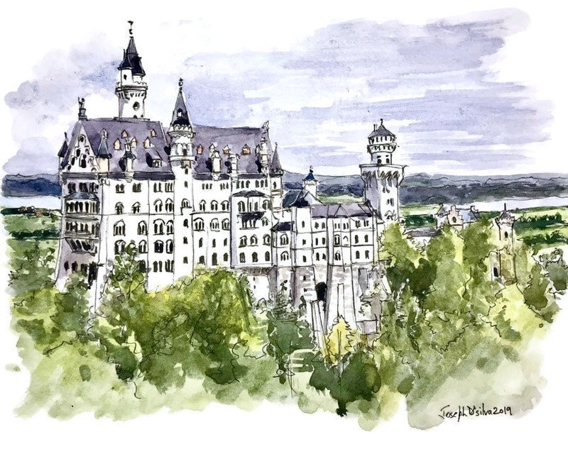 ノイシュヴァンシュタイン城アート、水彩画バイエルンプリント、ドイツ