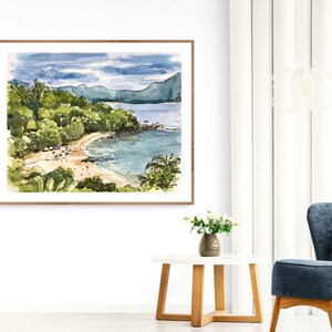 Plage tropicale, impression d'art aquarelle, paysage de bord de mer image 3