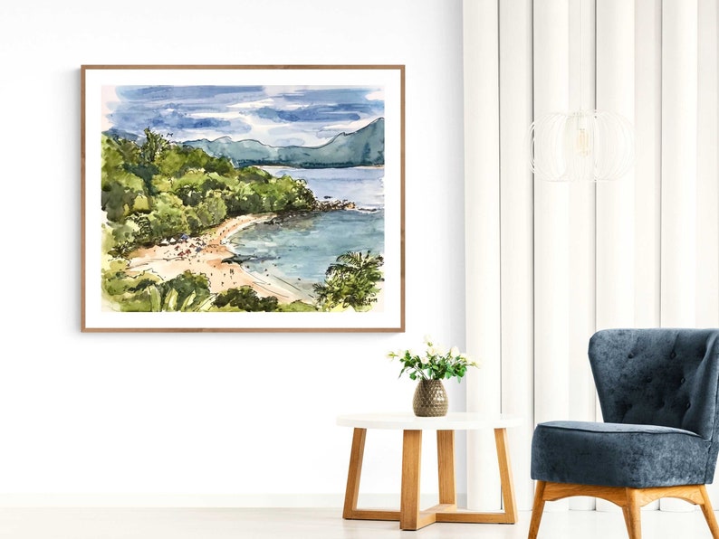 Plage tropicale, impression d'art aquarelle, paysage de bord de mer image 3