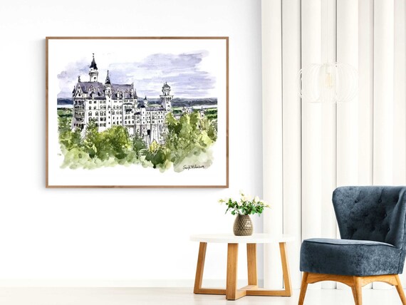 ノイシュヴァンシュタイン城アート、水彩画バイエルンプリント、ドイツ