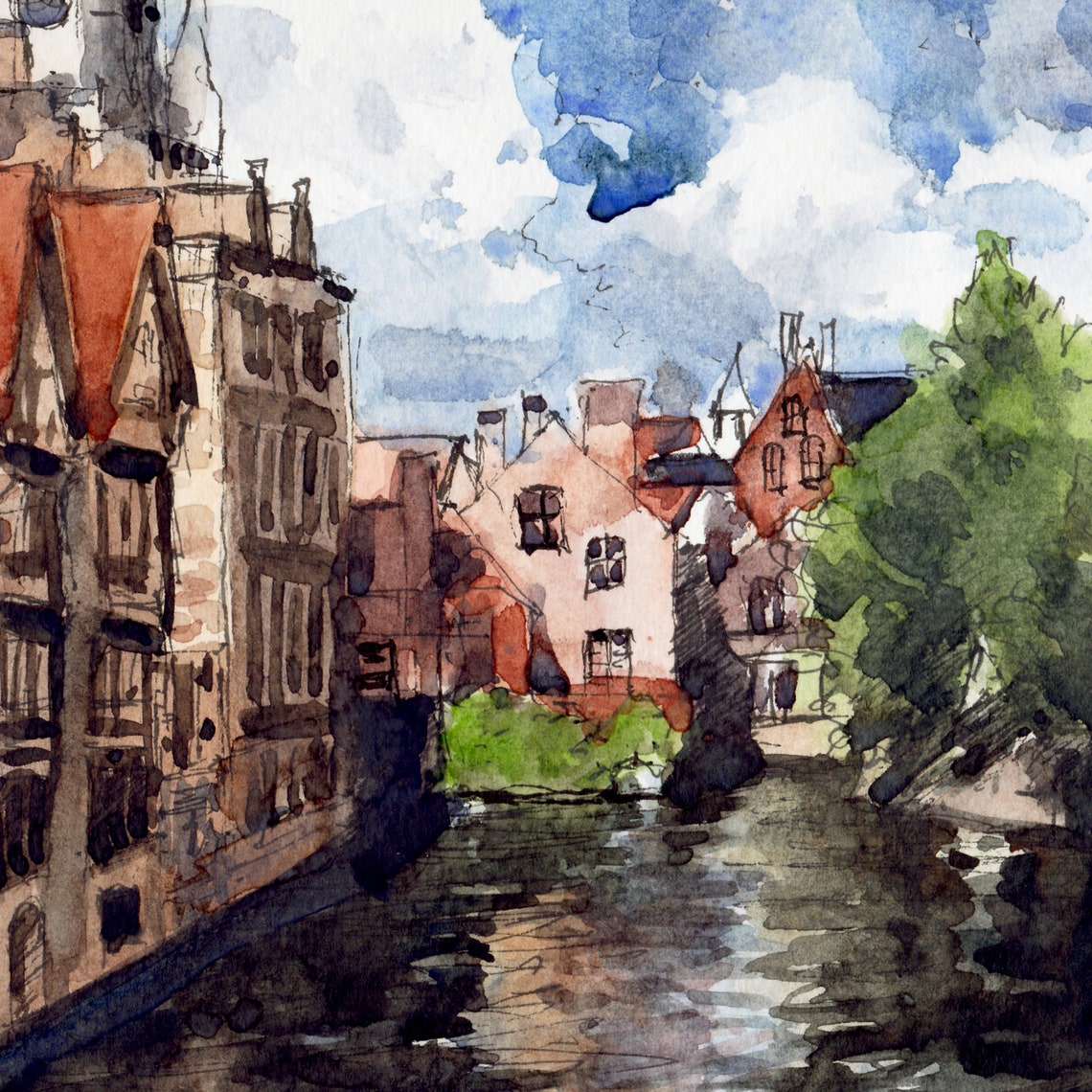 Bruges Canal / Belgium Art Print / Watercolor Painting / Wall Etsy