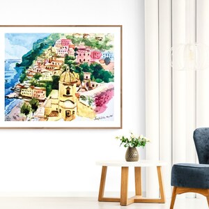 ポジターノ水彩画アートプリント、アマルフィ海岸プリント、イタリアアート、ポジターノ絵画、アマルフィ海岸ウォールアート、海の壁プリント、イタリア水彩画 画像 2