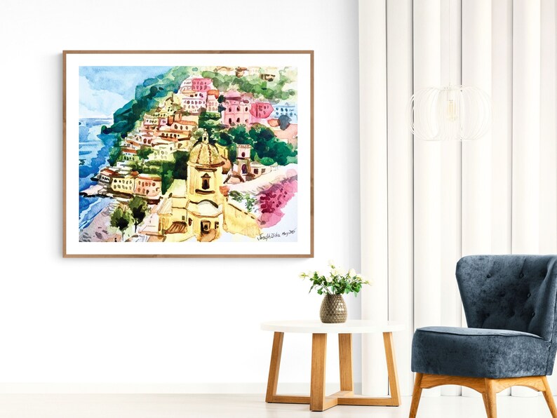 ポジターノ水彩画アートプリント、アマルフィ海岸プリント、イタリアアート、ポジターノ絵画、アマルフィ海岸ウォールアート、海の壁プリント、イタリア水彩画 画像 2