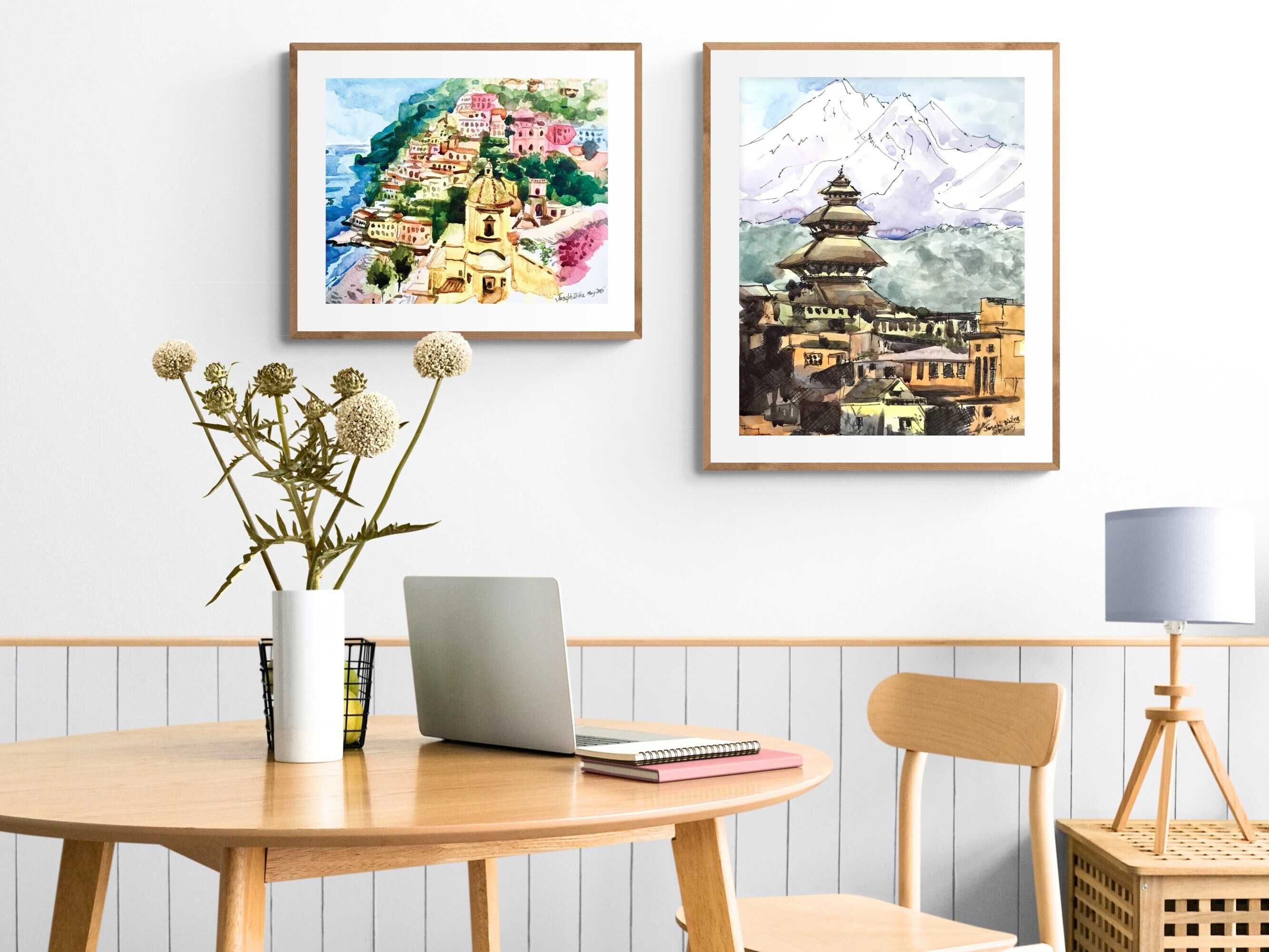 Nepal Art Print, Watercolor Painting, Bhaktapur Temple Print