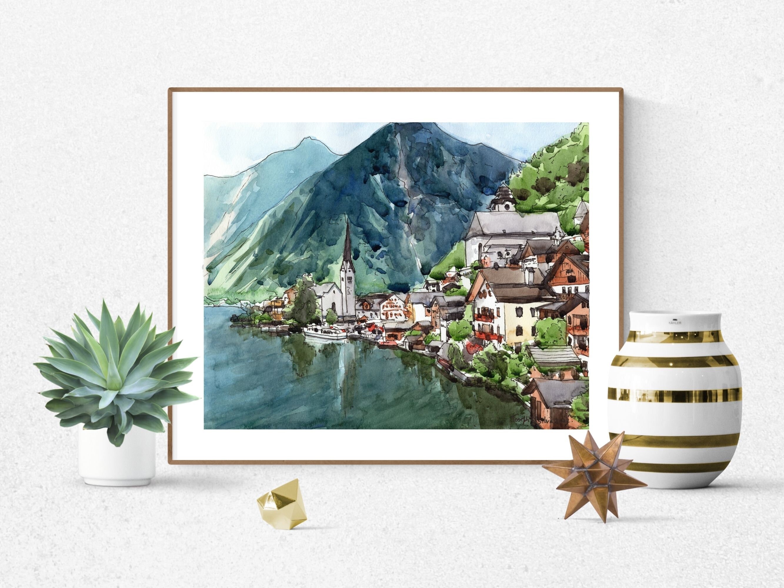 Hallstatt Austria Watercolor Print, Hallstatt Poster, Austria Travel Gift, Europe Wall Art, Hallstatt Painting, Alps Print, Office Decor