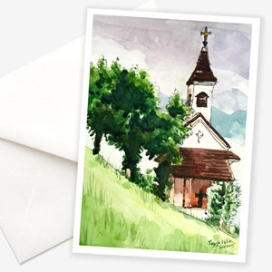 Austrian Alps Card, Greeting Card With Envelope, European Card, Church Watercolor Card, Birthday Card, Thank You Card, Travel Gift, Unique