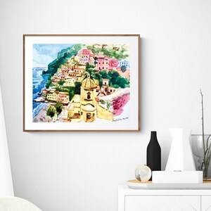 ポジターノ水彩画アートプリント、アマルフィ海岸プリント、イタリアアート、ポジターノ絵画、アマルフィ海岸ウォールアート、海の壁プリント、イタリア水彩画 画像 7