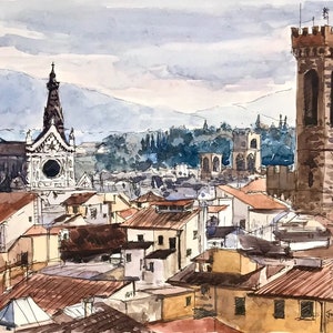 May include: Watercolor painting of a cityscape with a tall tower and a church with a dome. The buildings are painted in shades of brown, gray, and white. The sky is a light blue with clouds. The painting is signed "Joseph Dillon 2014".