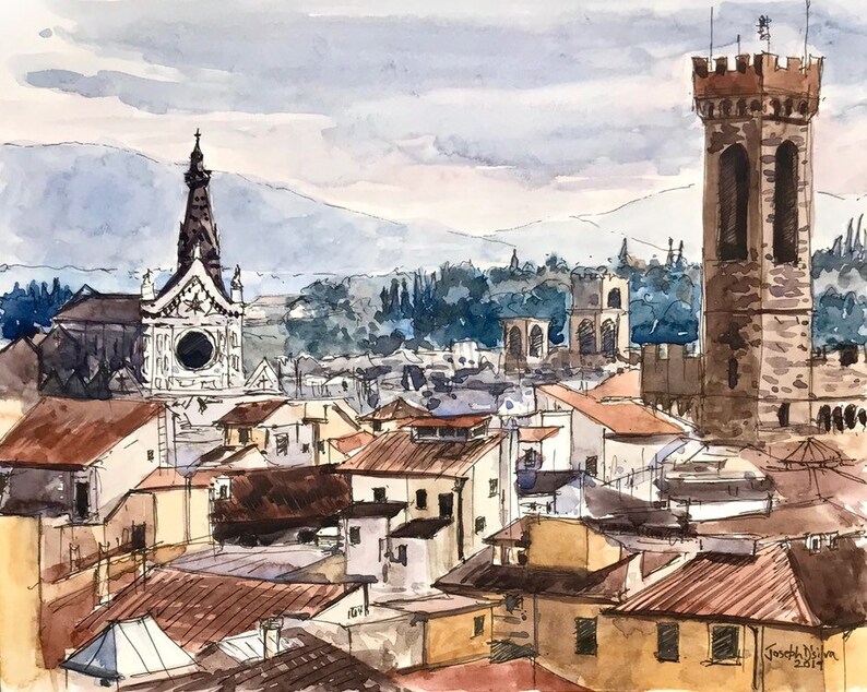 May include: Watercolor painting of a cityscape with a tall tower and a church with a dome. The buildings are painted in shades of brown, gray, and white. The sky is a light blue with clouds. The painting is signed "Joseph Dillon 2014".