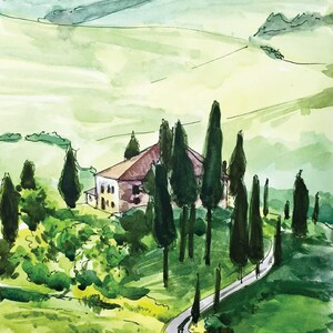 May include: A watercolor painting of a house with a red roof and green trees in a rolling green landscape. A winding road leads up to the house.