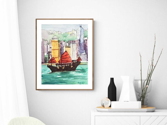 Quadro Su Tela Stampa D'Arte Porto Di Hong Kong Con Barche - 18x12 Pollici - Pronto Da Appendere - Decorazione Parete Per Soggiorno E Camera Da Letto