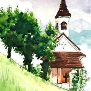 Puede incluir: Pintura acuarela de una peque&ntilde;a iglesia blanca con un techo marr&oacute;n y un campanario coronado por una cruz. La iglesia est&aacute; rodeada de &aacute;rboles y hierba verdes. La pintura est&aacute; firmada "Tosca Dalila, Nov 2015."