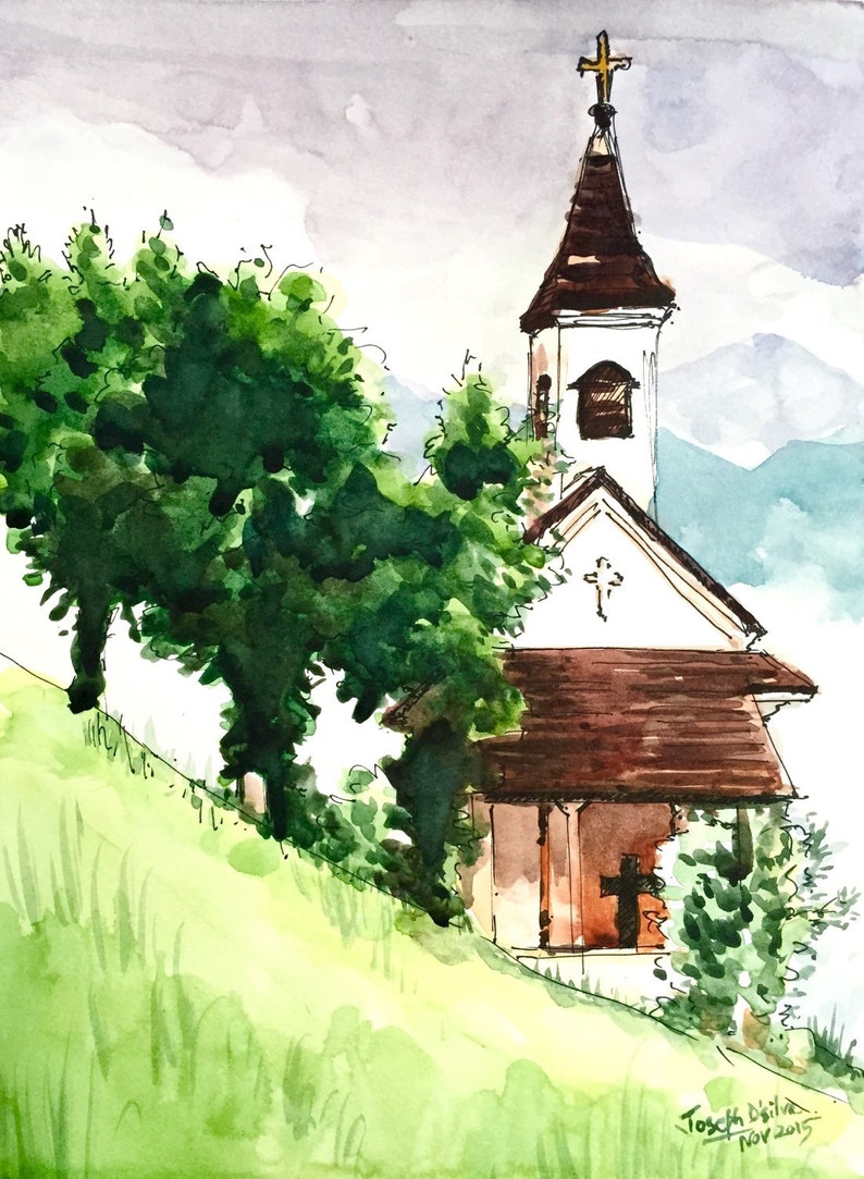 Puede incluir: Pintura acuarela de una peque&ntilde;a iglesia blanca con un techo marr&oacute;n y un campanario coronado por una cruz. La iglesia est&aacute; rodeada de &aacute;rboles y hierba verdes. La pintura est&aacute; firmada "Tosca Dalila, Nov 2015."