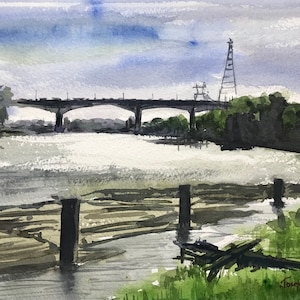 Fraser River Painting, Vancouver Original Painting, Canadian Watercolor Painting, British Columbia Art, Nature Landscape Painting, River Art