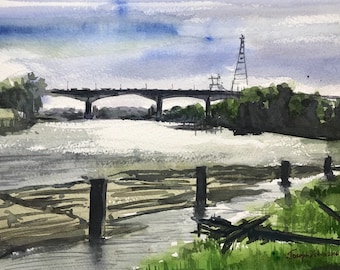 Fraser River Painting, Vancouver Original Painting, Canadian Watercolor Painting, British Columbia Art, Nature Landscape Painting, River Art