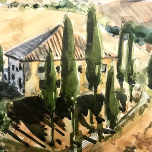 May include: Watercolor painting of a house with a terracotta roof and a row of cypress trees in front of it. The house is set against a backdrop of rolling hills.