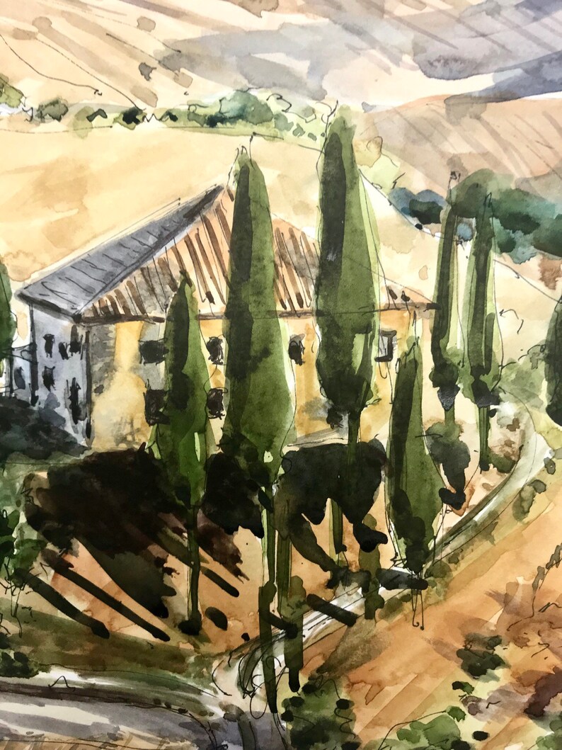 May include: Watercolor painting of a house with a terracotta roof and a row of cypress trees in front of it. The house is set against a backdrop of rolling hills.