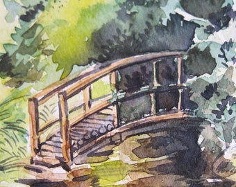 Pintura del puente del jardín, pintura de la acuarela original, arte verde de la naturaleza, pintura del jardín, decoración de la pared de la naturaleza, pintura del paisaje de la naturaleza