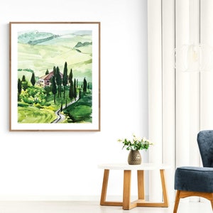 May include: A watercolor painting of a house in a green, rolling landscape with a winding road leading up to it. The house is surrounded by trees and the landscape is painted in shades of green and brown.