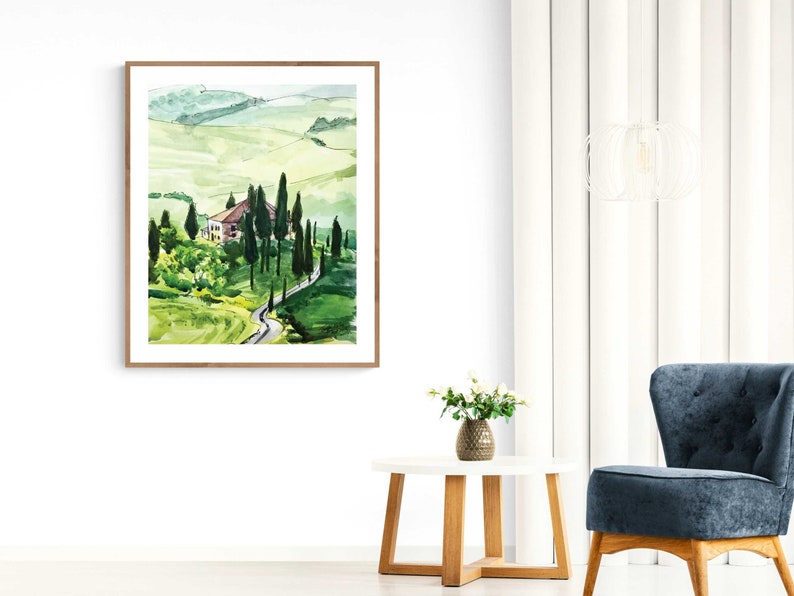 May include: A watercolor painting of a house in a green, rolling landscape with a winding road leading up to it. The house is surrounded by trees and the landscape is painted in shades of green and brown.