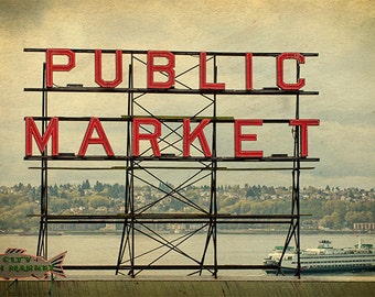 Seattle Photo, Pike Place Market sign with ferry background,